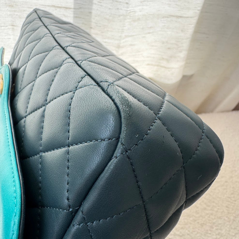 CHANEL DARK GREEN & TURQUOISE QUILTED LAMBSKIN FLAP BAG