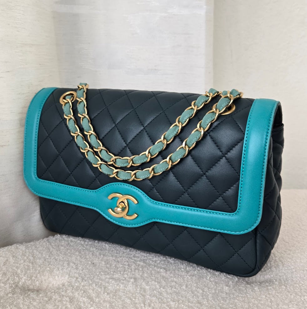 CHANEL DARK GREEN & TURQUOISE QUILTED LAMBSKIN FLAP BAG
