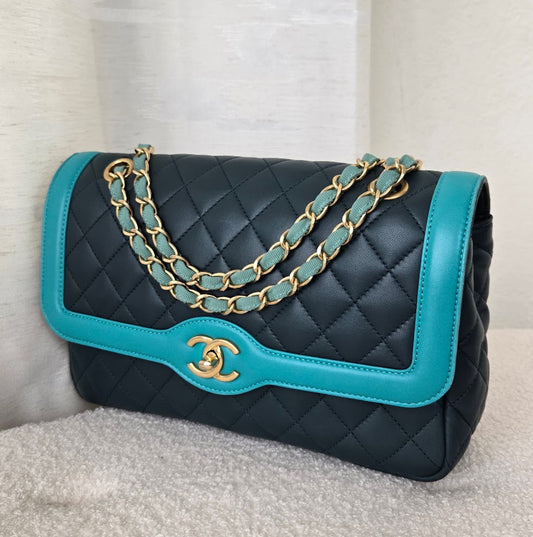 Chanel Navy Blue & Turquoise Two-Tone Quilted Lambskin Day Flap Bag