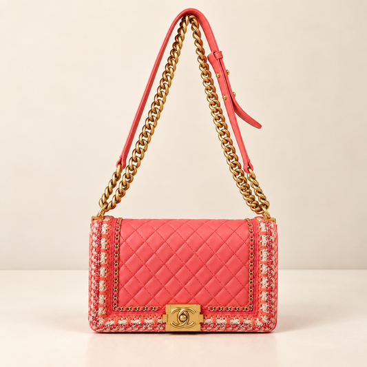 Chanel Boy Coral Pink Leather with Tweed Trim