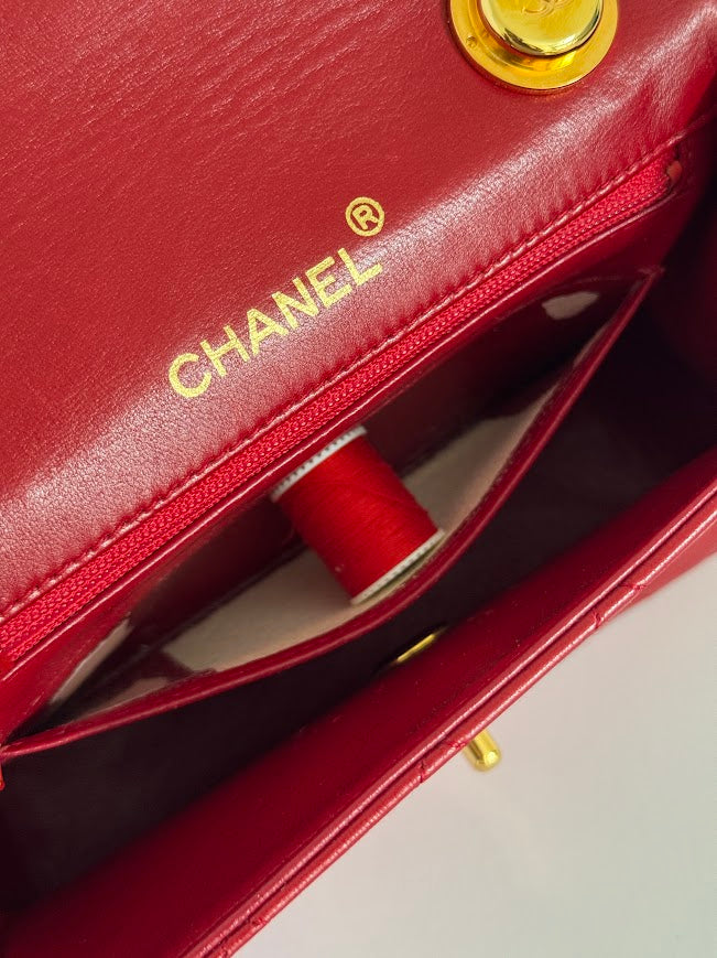 Chanel Vintage Red Quilted Lambskin Mini Flap Bag