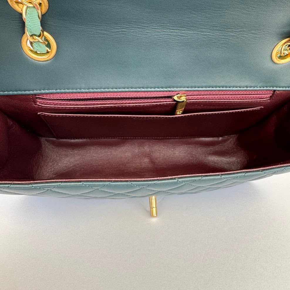 CHANEL DARK GREEN & TURQUOISE QUILTED LAMBSKIN FLAP BAG