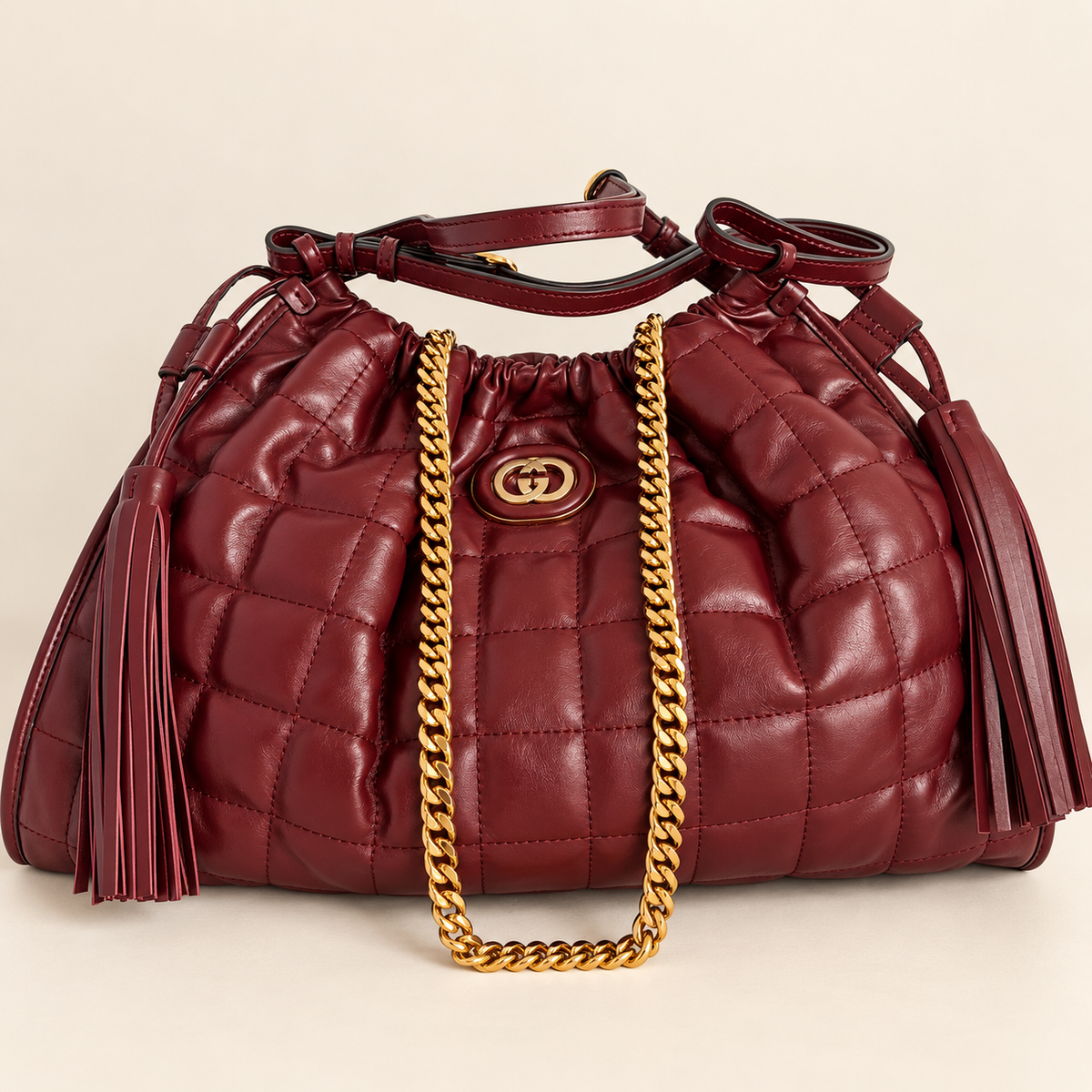 GUCCI DECO TOTE BAG MEDIUM BURGUNDY QUILTED LEATHER