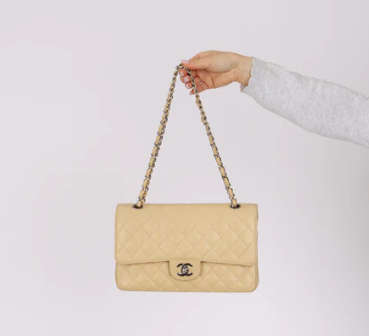 Chanel 2007 Light Beige Quilted Caviar Medium Double Flap SHW