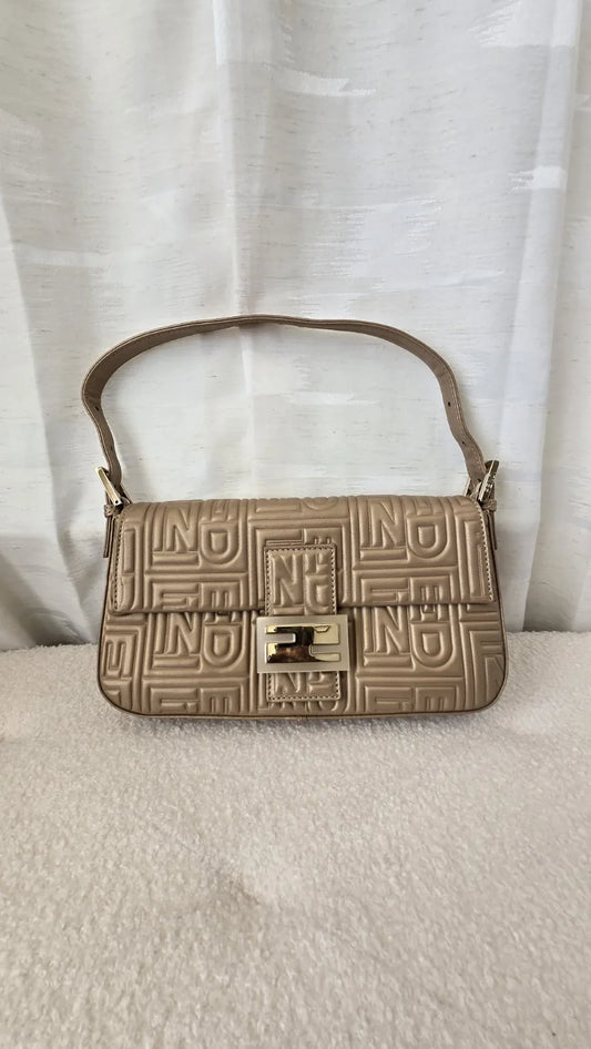 FENDI BAGUETTE NAPPA LOGO EMBOSSED LEATHER SHOULDER BAG