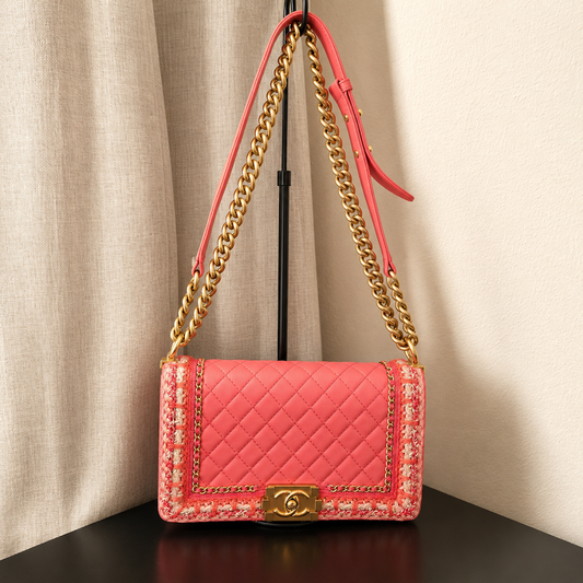 Chanel Coral Pink Leather & Tweed Trim Boy Bag